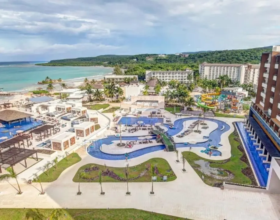 Aerial view of Royalton Blue Waters pools and beachfront, Montego Bay