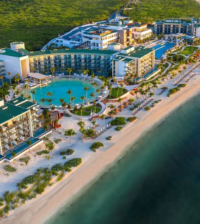 Aerial view of Haven Riviera Cancun beachfront and pools, Riviera Maya