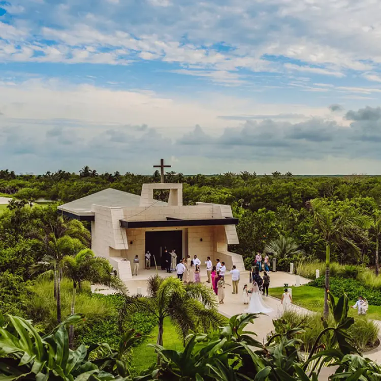 Overview of a chapel wedding ceremony at Atelier Playa Mujeres, Cancun