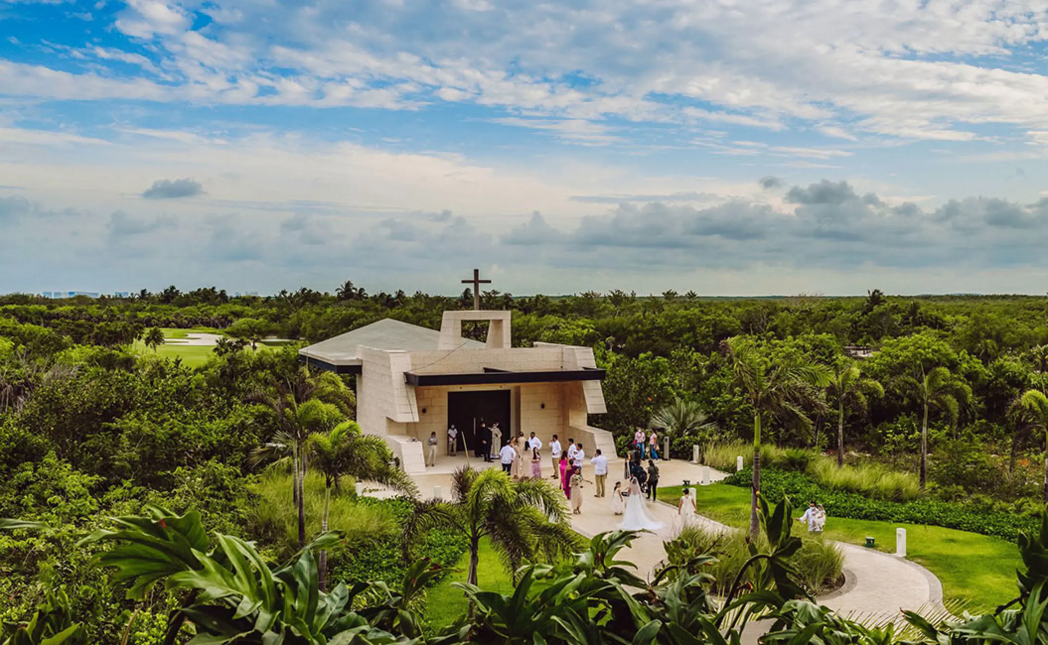 Overview of a chapel wedding ceremony at Atelier Playa Mujeres, Cancun