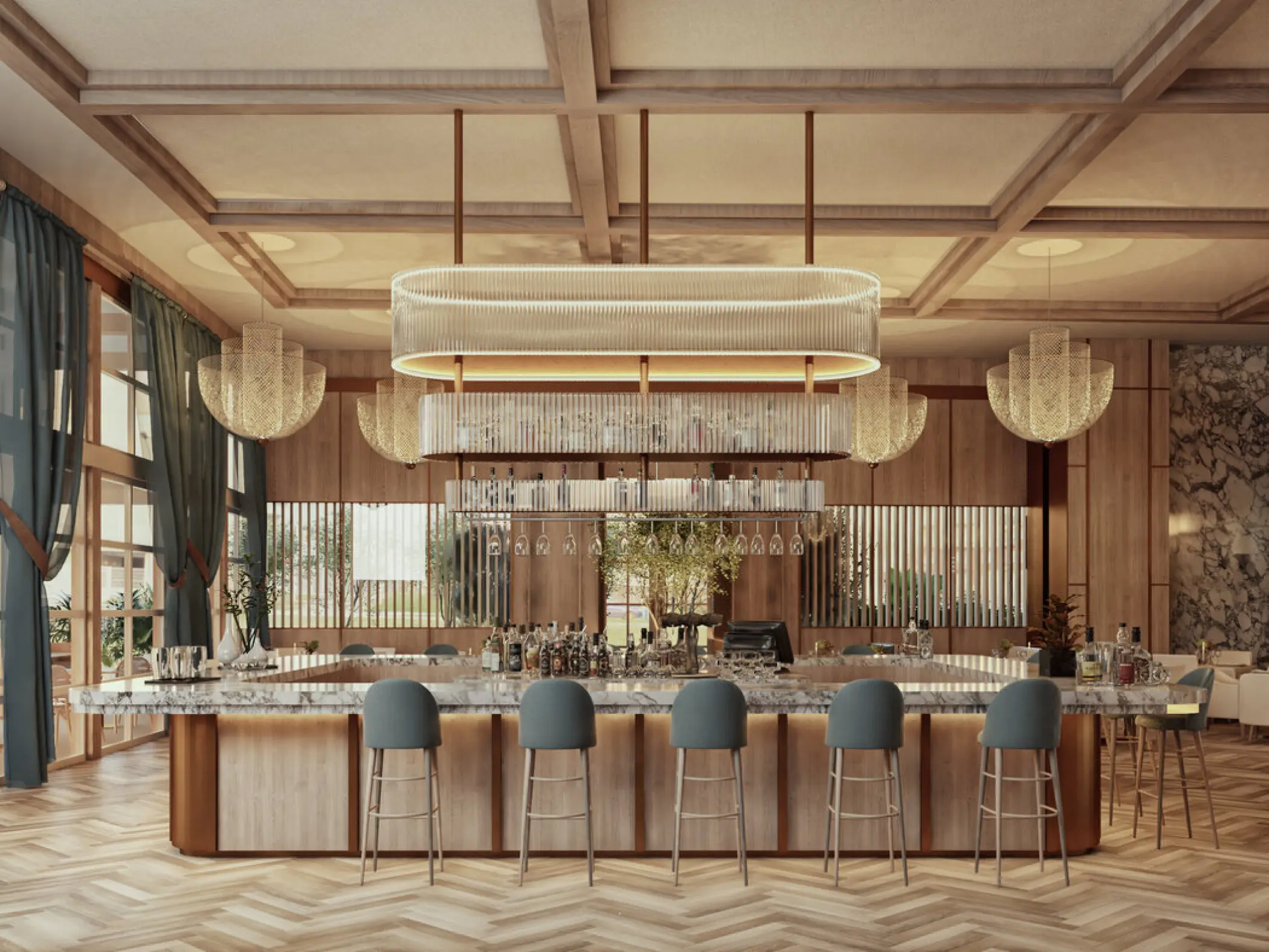 Modern cocktail bar with teal stools and crystal chandeliers at AVA Resort Cancun, Cancun