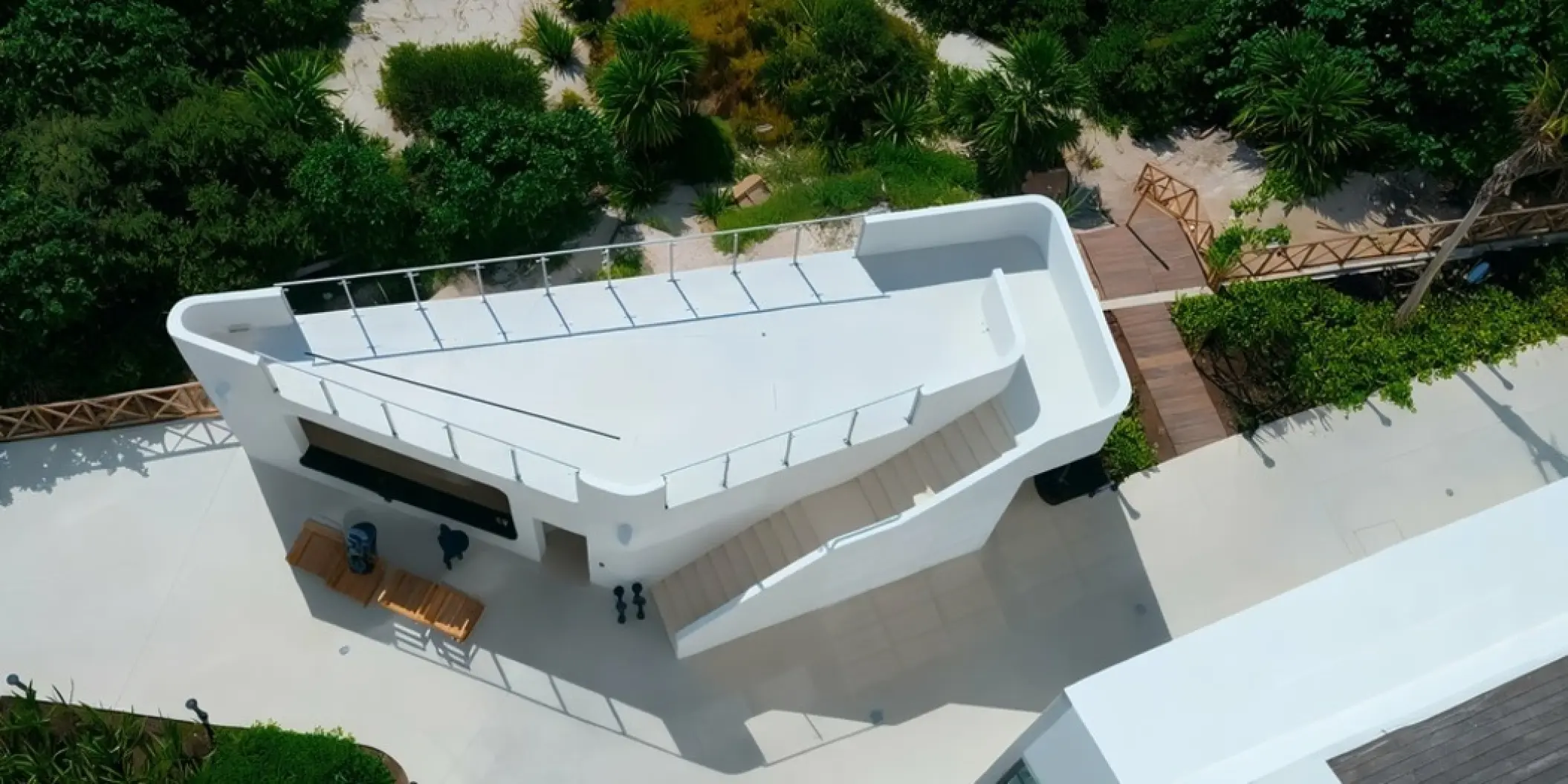 Aerial view of the white DEZ Terrace wedding venue at AVA Resort Cancun
