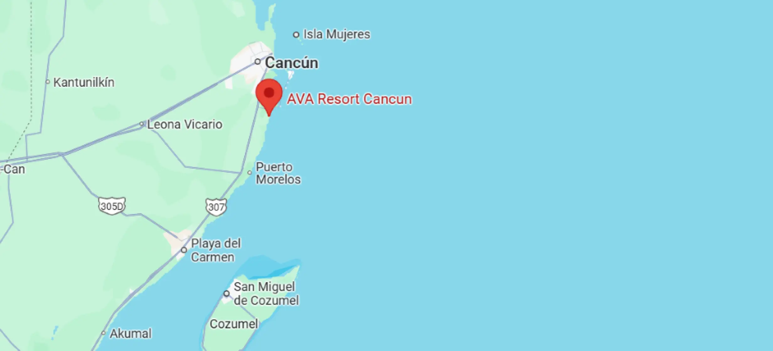 Map showing the location of AVA Resort Cancun along the coast of the Yucatan Peninsula in Cancun