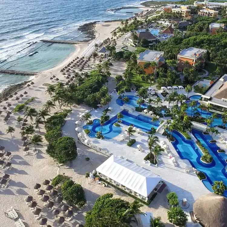 Aerial view of Bahia Principe Luxury Akumal pools and beachfront, Tulum