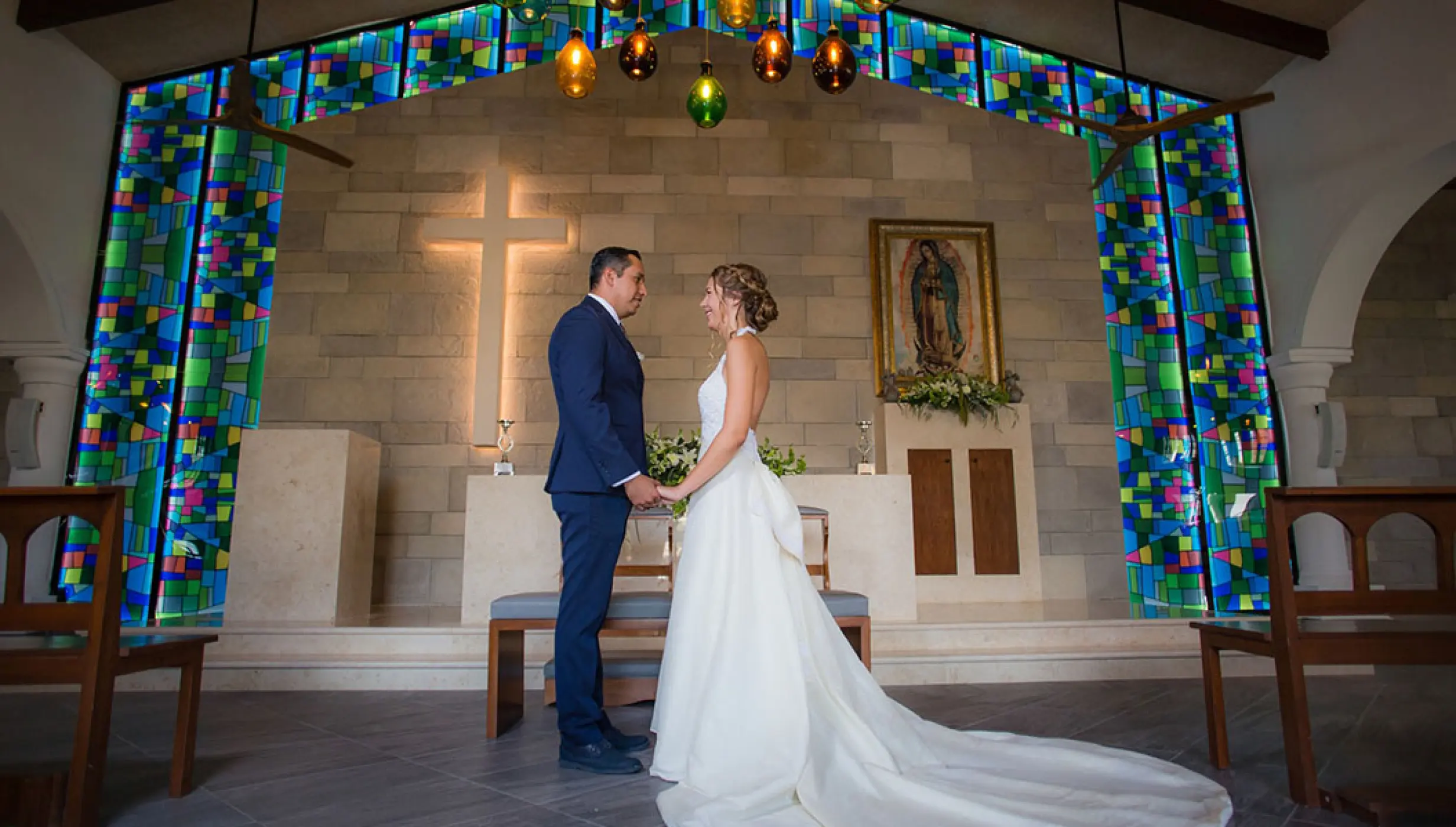 Just married couple at Chapel in Bahia Principe Riviera Maya