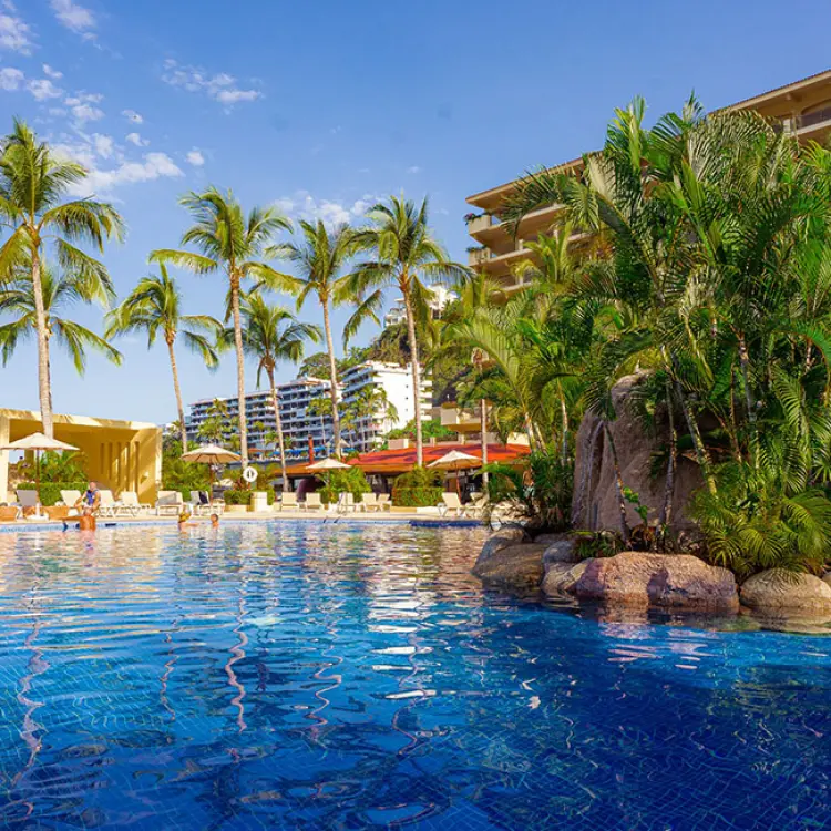 Barcelo Puerto Vallarta outdoor swimming pool surrounded by palm trees and tropical gardens, Puerto Vallarta