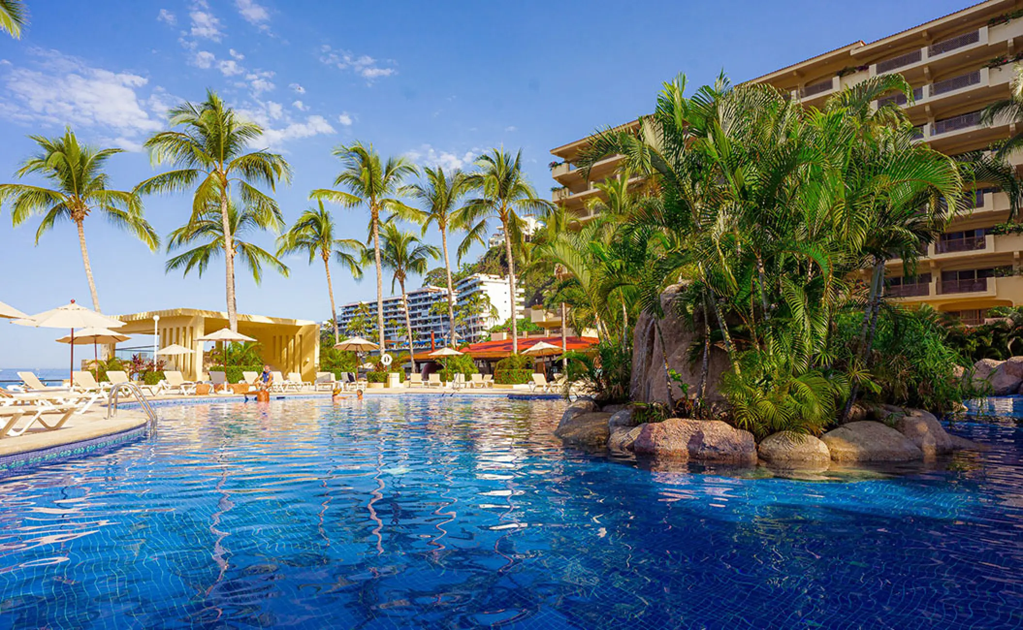 Barcelo Puerto Vallarta outdoor swimming pool surrounded by palm trees and tropical gardens, Puerto Vallarta