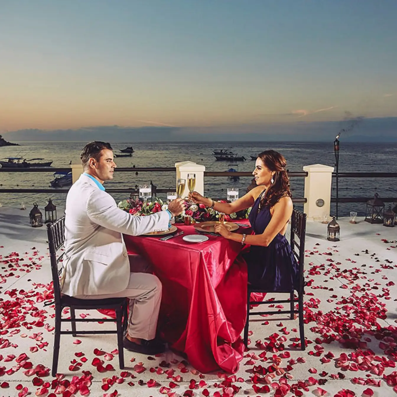 Private romantic dinner with rose petals at sunset, Barcelo Puerto Vallarta
