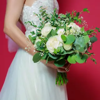 Bridal bouquet with white roses and eucalyptus at Barcelo Puerto Vallarta, Puerto Vallarta