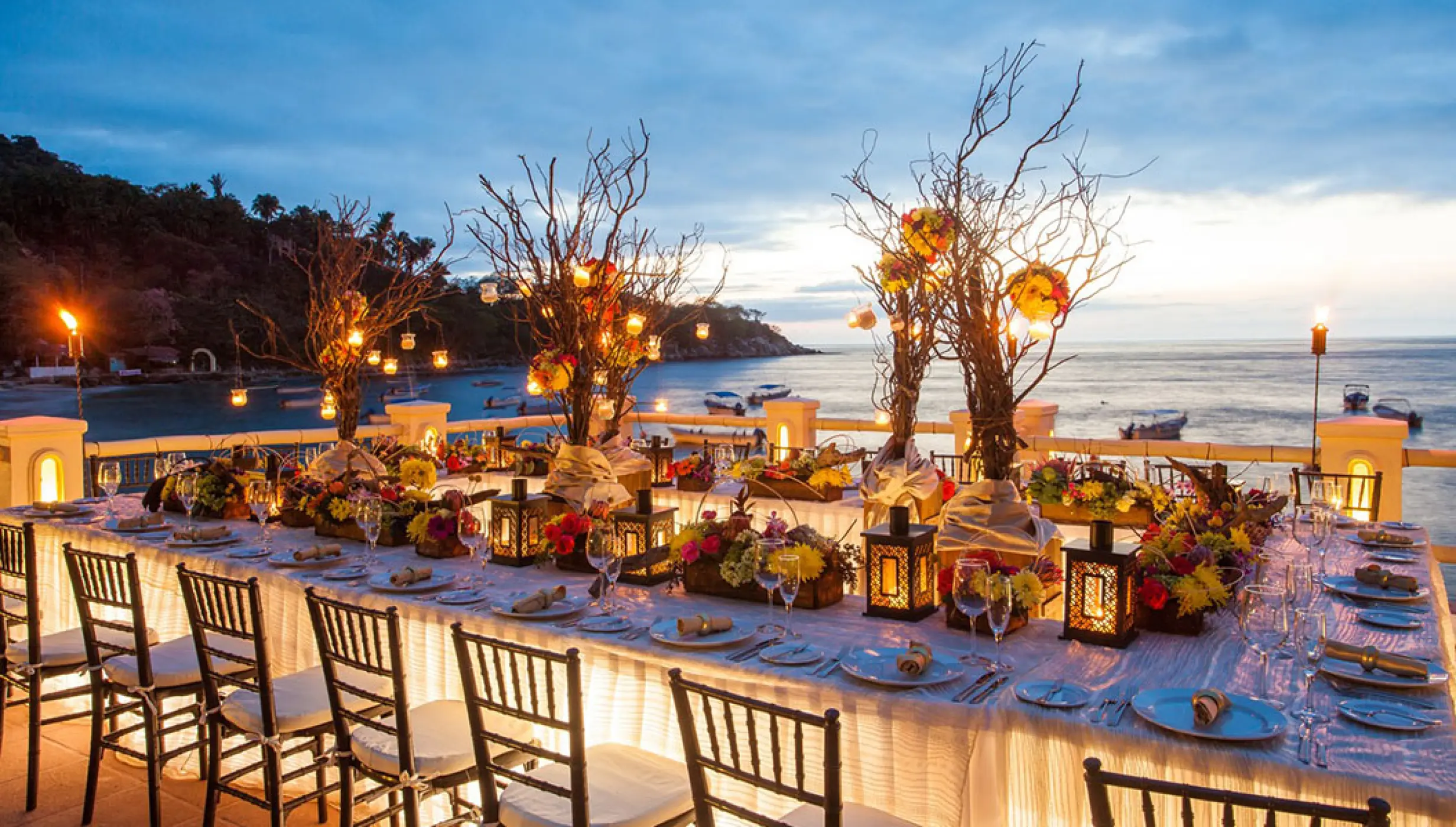 Reception decor on the deck venue by Barcelo Puerto Vallarta Destination Weddings.