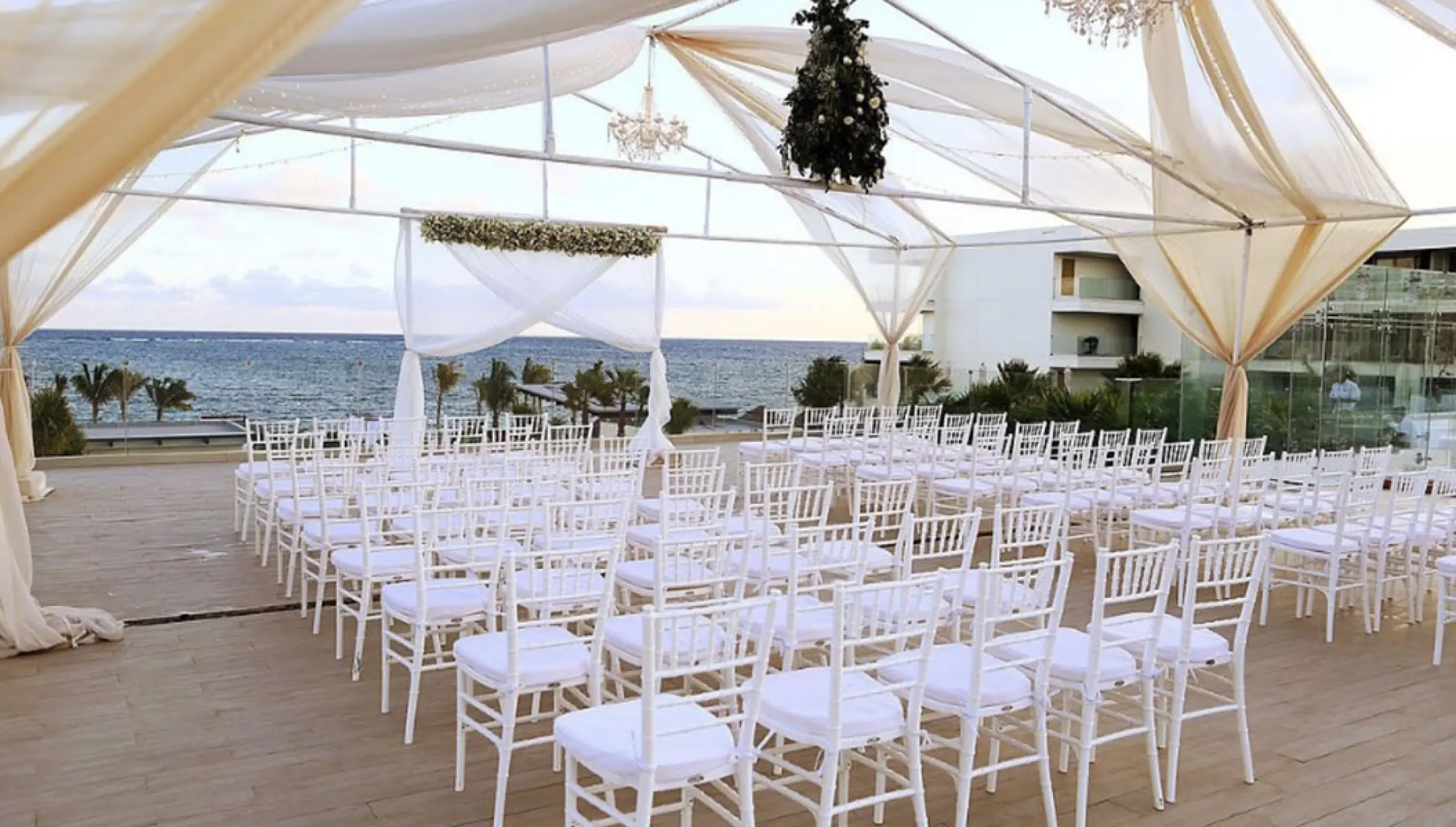 Ceremony decor in Purple terrace wedding venue at Breathless riviera Cancun