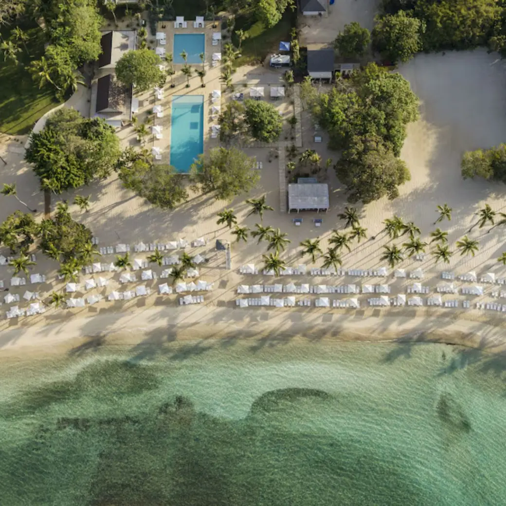 Aerial view of the private beach and swimming pools at Casa de Campo, La Romana