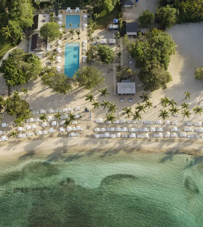 Aerial view of the private beach and swimming pools at Casa de Campo, La Romana