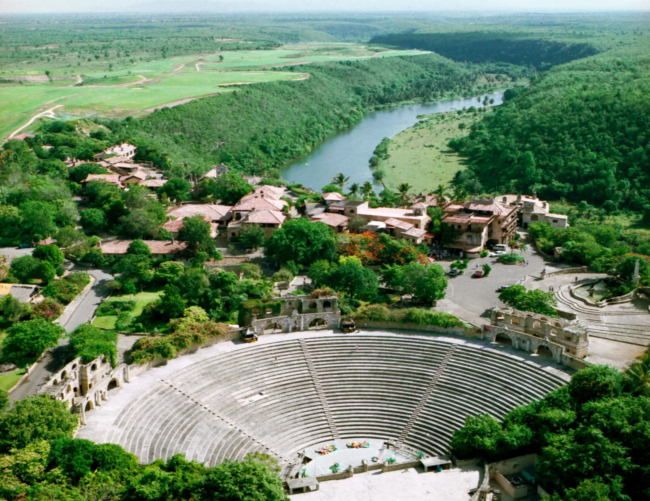 Aerial view of the stone amphitheater and Chavon River at Casa de Campo, La Romana