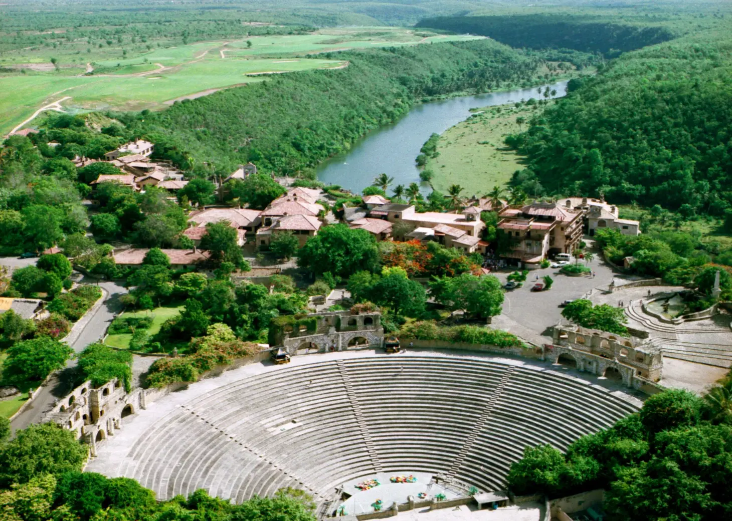 Aerial view of the stone amphitheater and Chavon River at Casa de Campo, La Romana