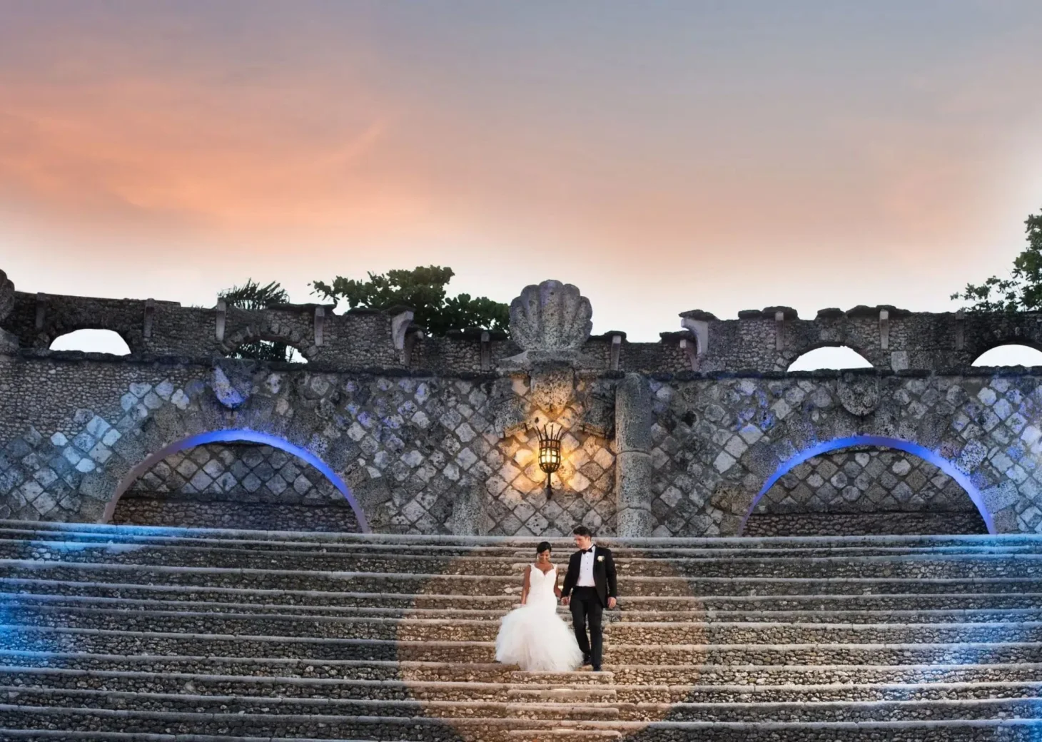 bride and groom at the amphitheater venue at Casa de Campo