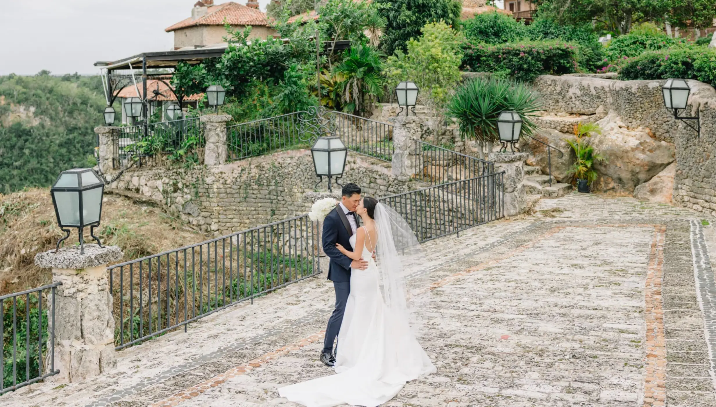 Bride and groom portrait on the Chavon Terrace at Casa de Campo, La Romana