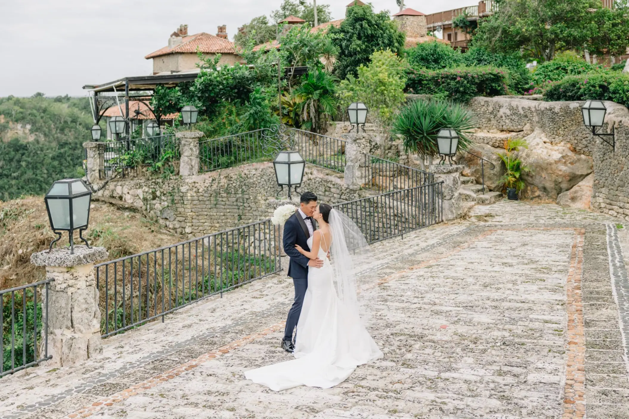 Bride and groom portrait on the Chavon Terrace at Casa de Campo, La Romana