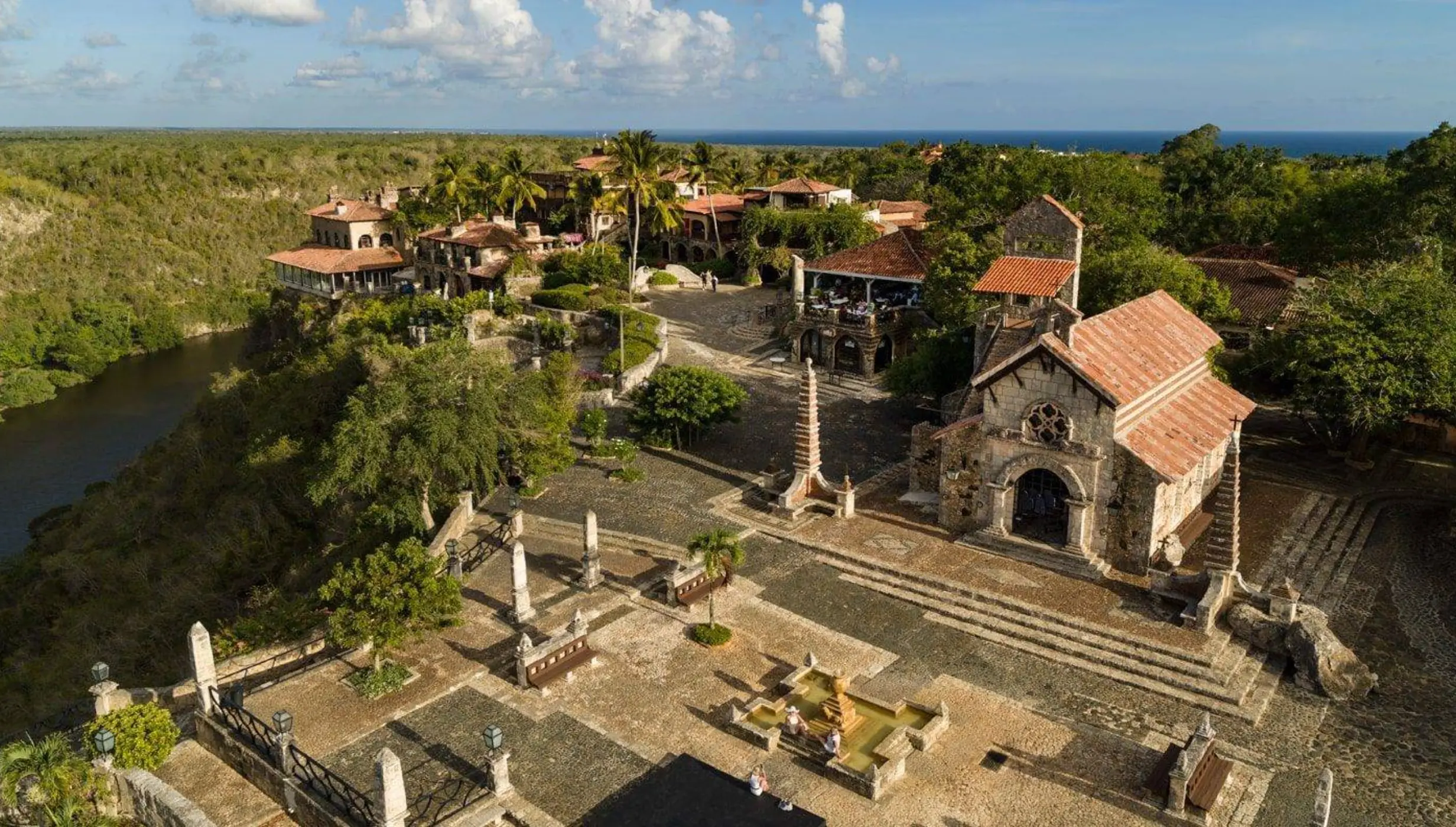 Aerial view of Chavon Plaza and stone church at Casa de Campo, La Romana