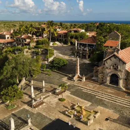 Aerial view of Chavon Plaza and stone church at Casa de Campo, La Romana