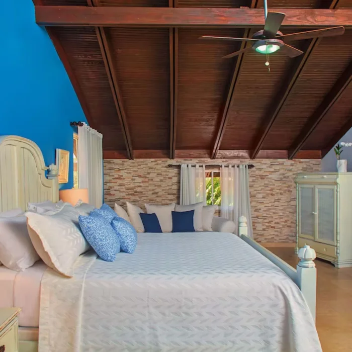 blue colored suite with rustic bedding at Casa de Campo