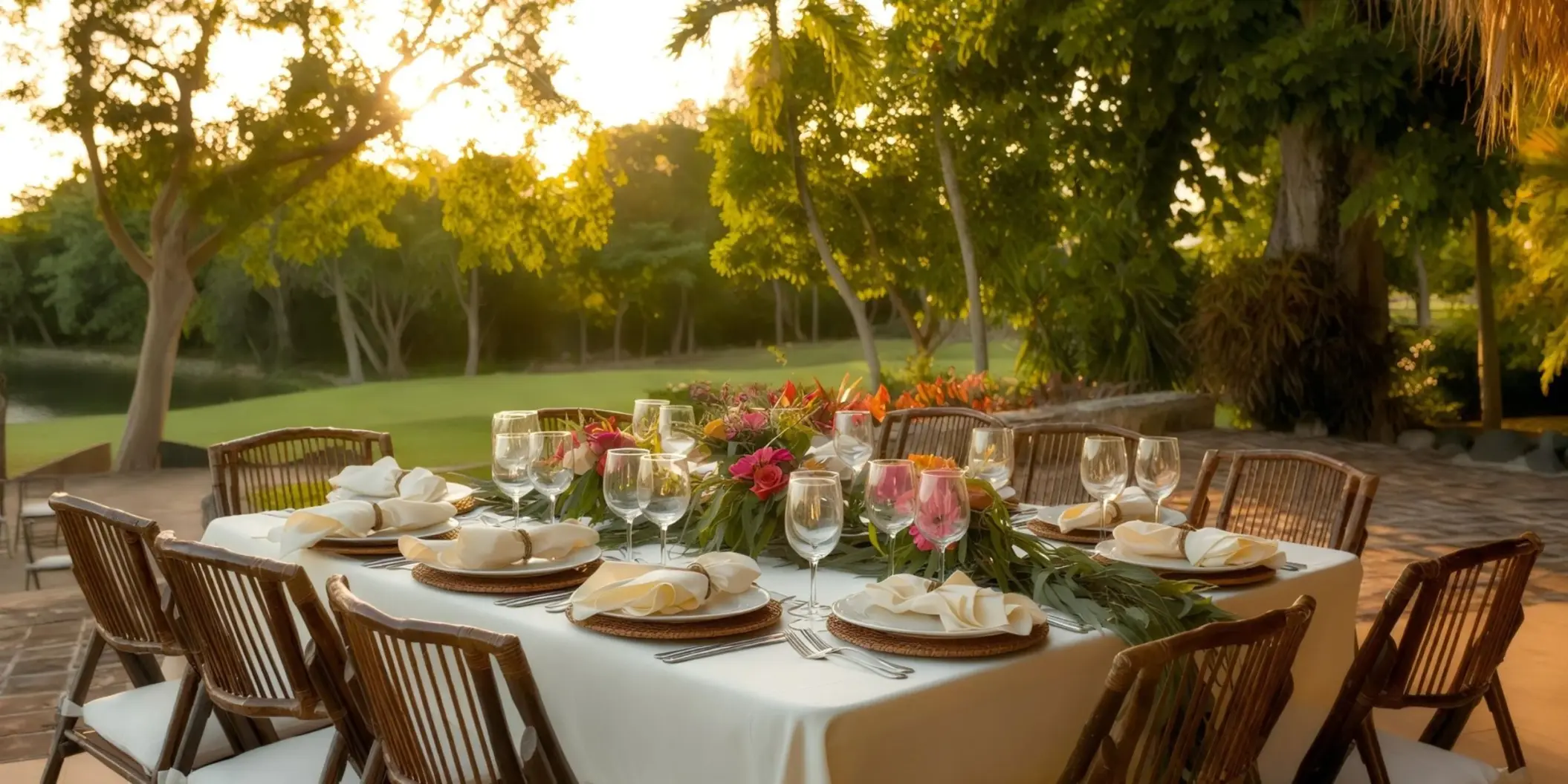 Outdoor wedding reception table with floral centerpieces at Casa de Campo, La Romana