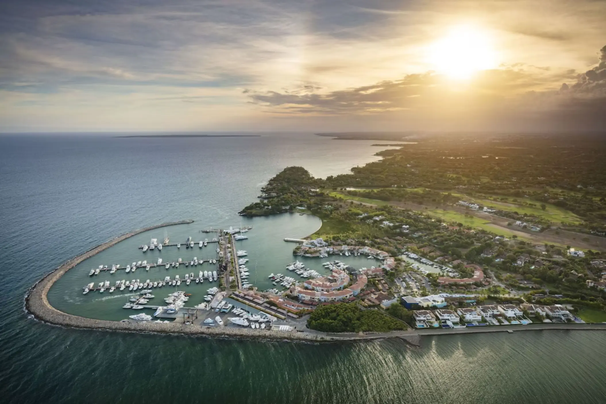 Aerial view of the marina at Casa de Campo, La Romana at sunset