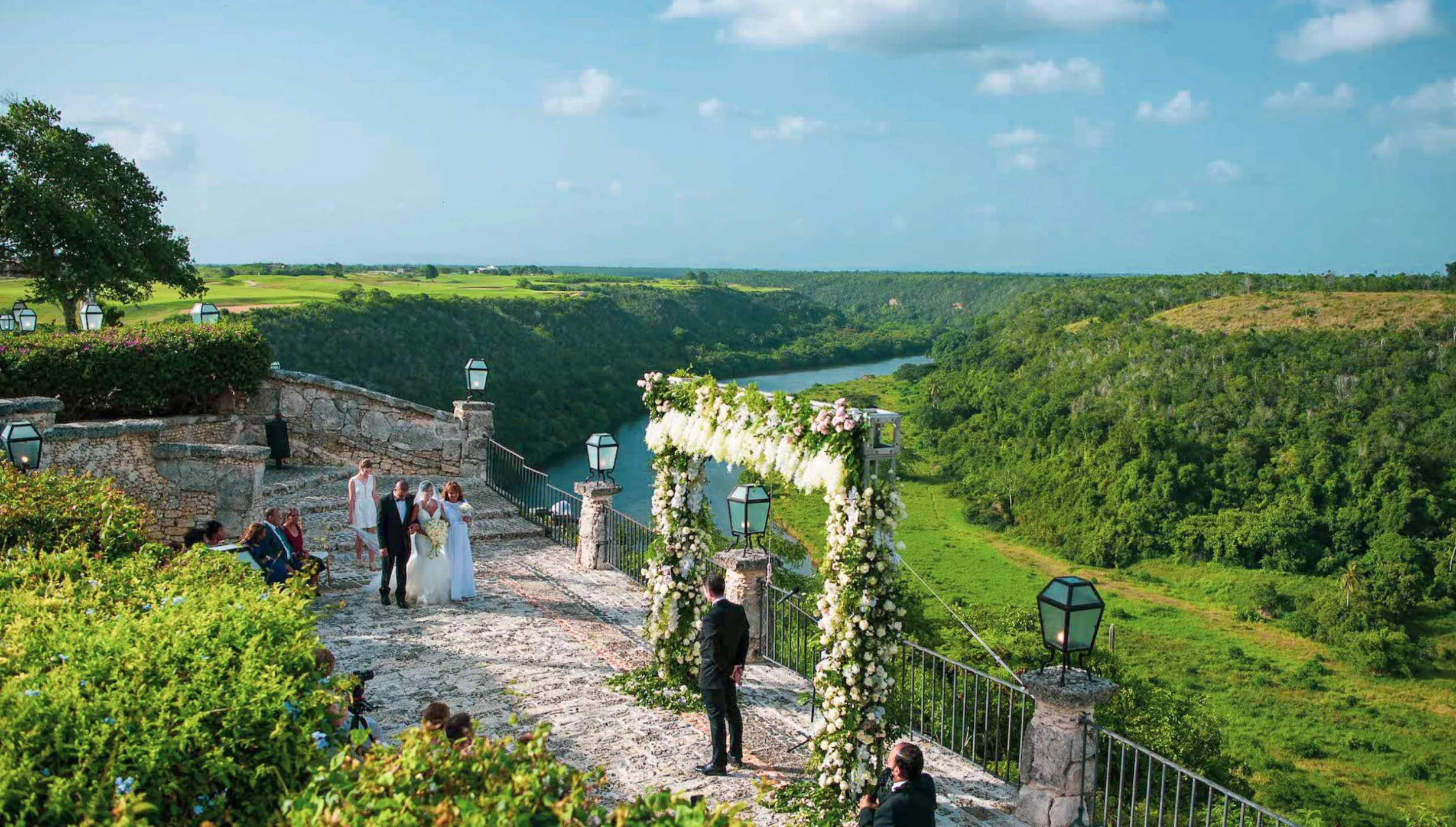 wedding ceremony setup at the altos terrace venue at Casa de Campo