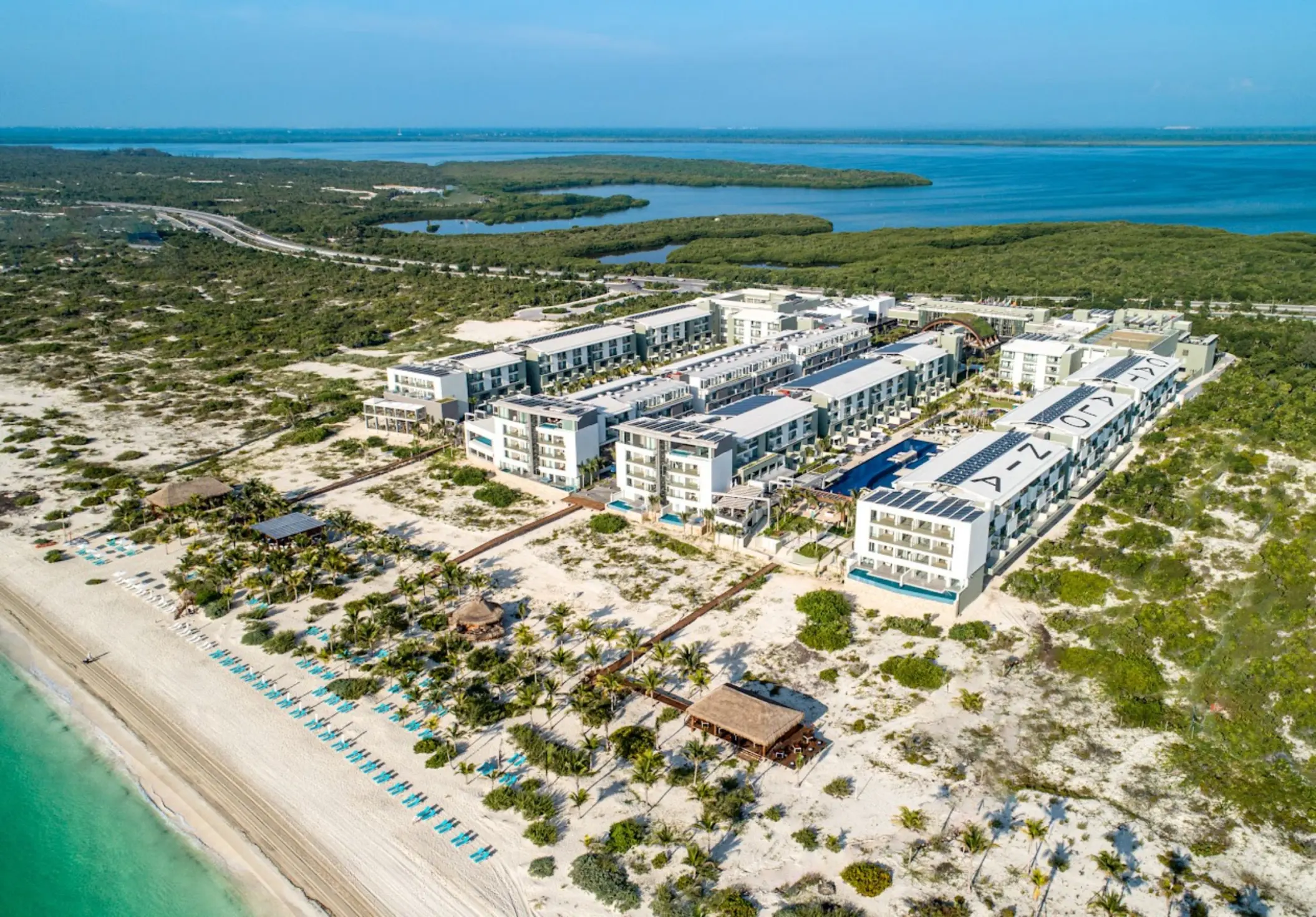 Aerial view of Catalonia Grand Costa Mujeres buildings and beachfront, Cancun