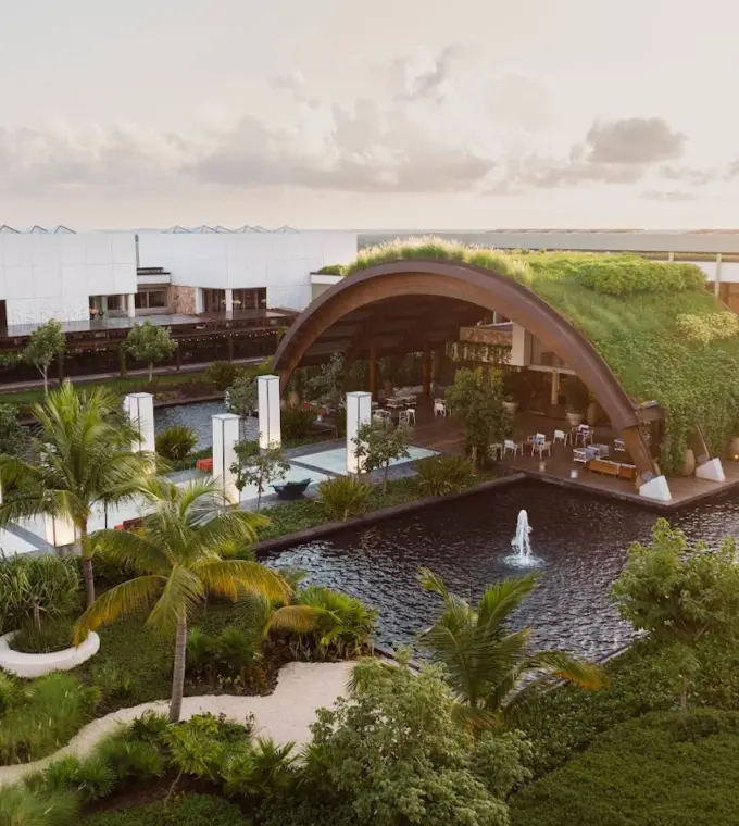 Modern architectural dome and reflection pool at Catalonia Grand Costa Mujeres, Cancun