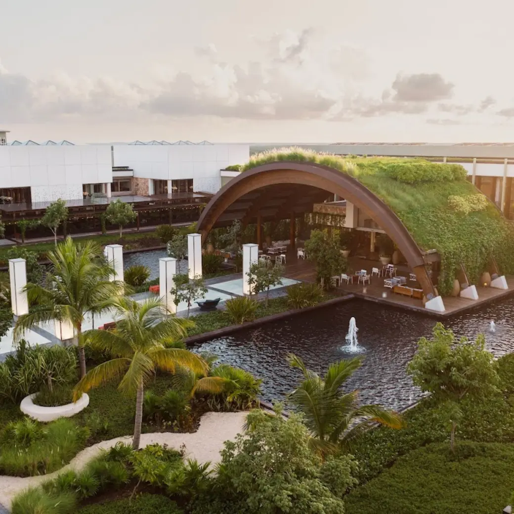 Modern architectural dome and reflection pool at Catalonia Grand Costa Mujeres, Cancun