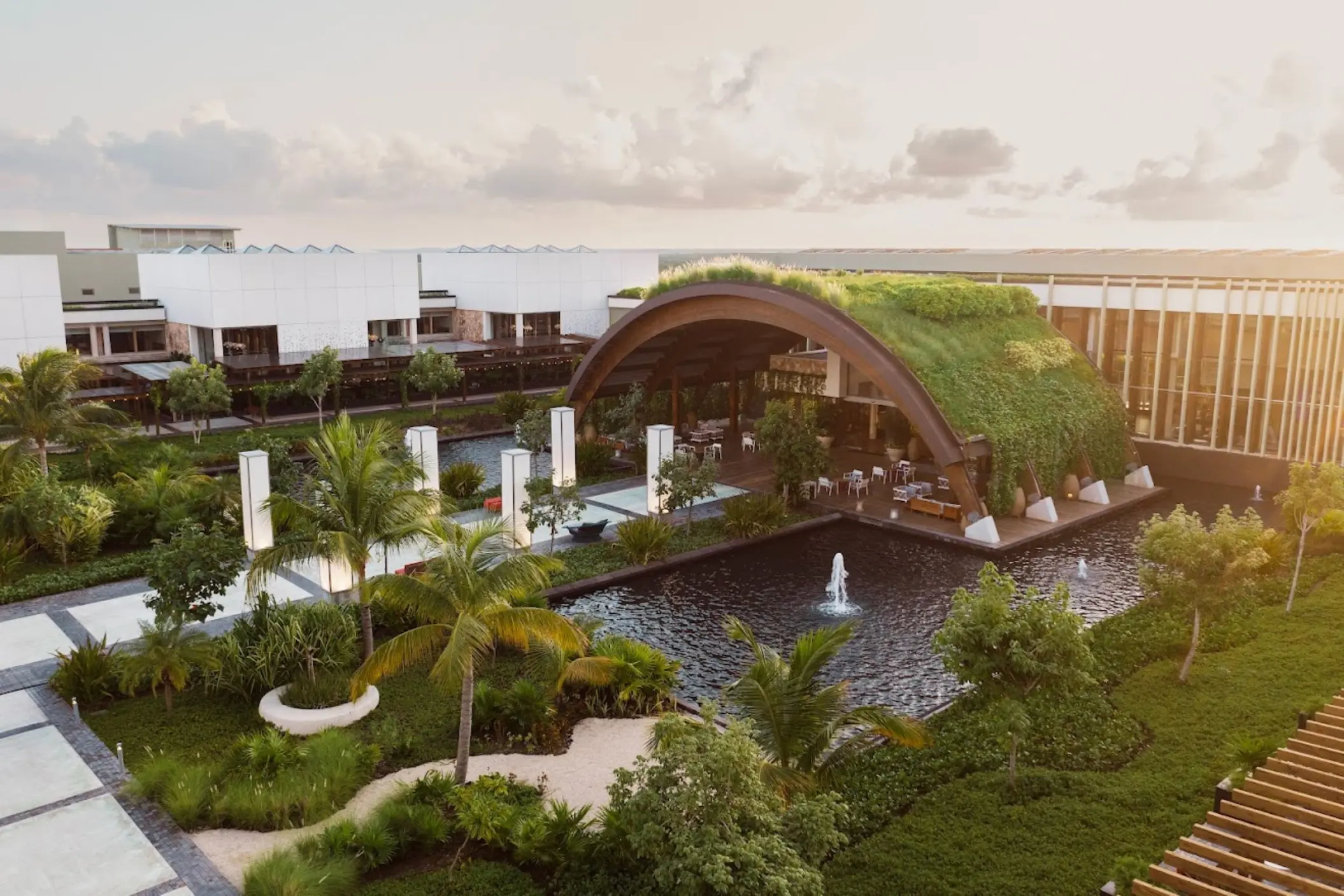 Modern architectural dome and reflection pool at Catalonia Grand Costa Mujeres, Cancun