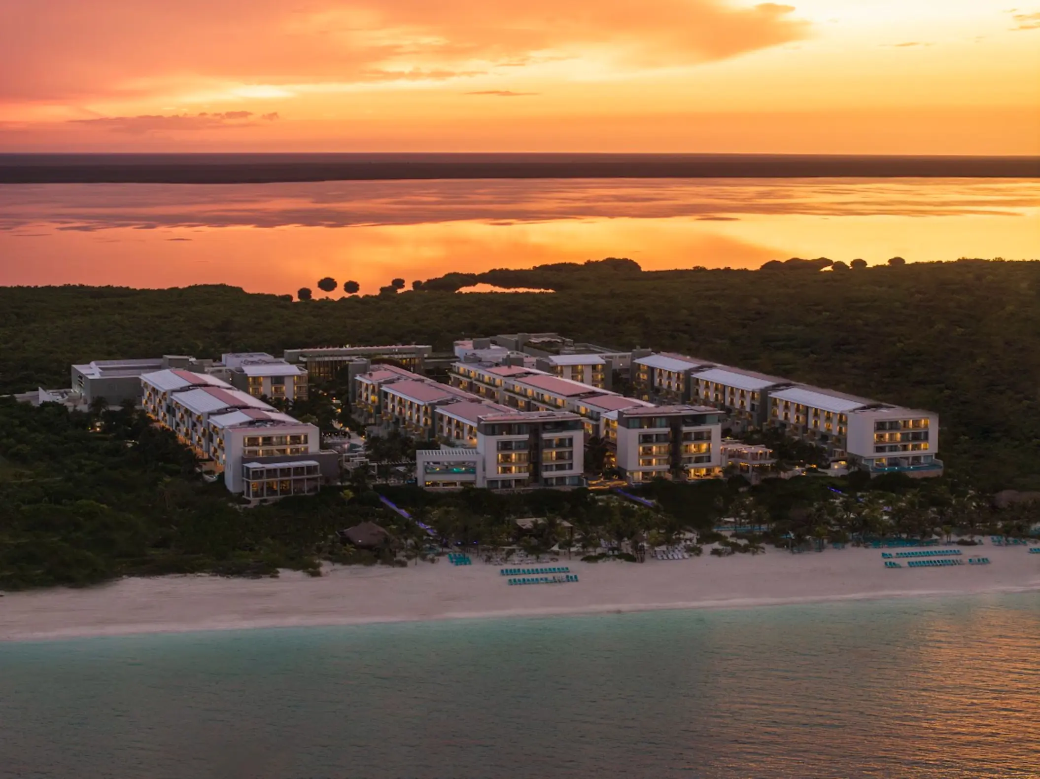 Aerial view of Catalonia Grand Costa Mujeres at sunset, Cancun