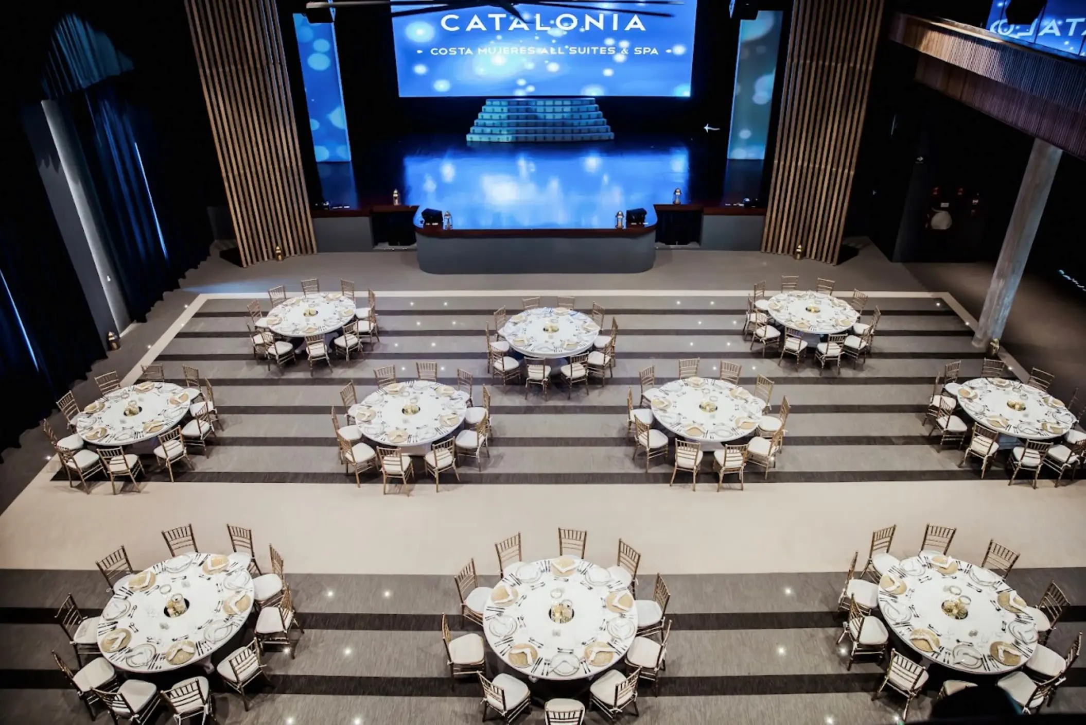 Indoor theater wedding reception with round tables at Catalonia Grand Costa Mujeres, Cancun