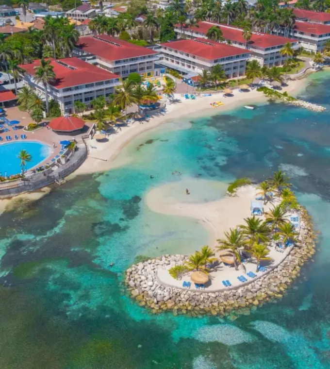 Aerial view of the private island and beachfront at Catalonia Montego Bay, Montego Bay