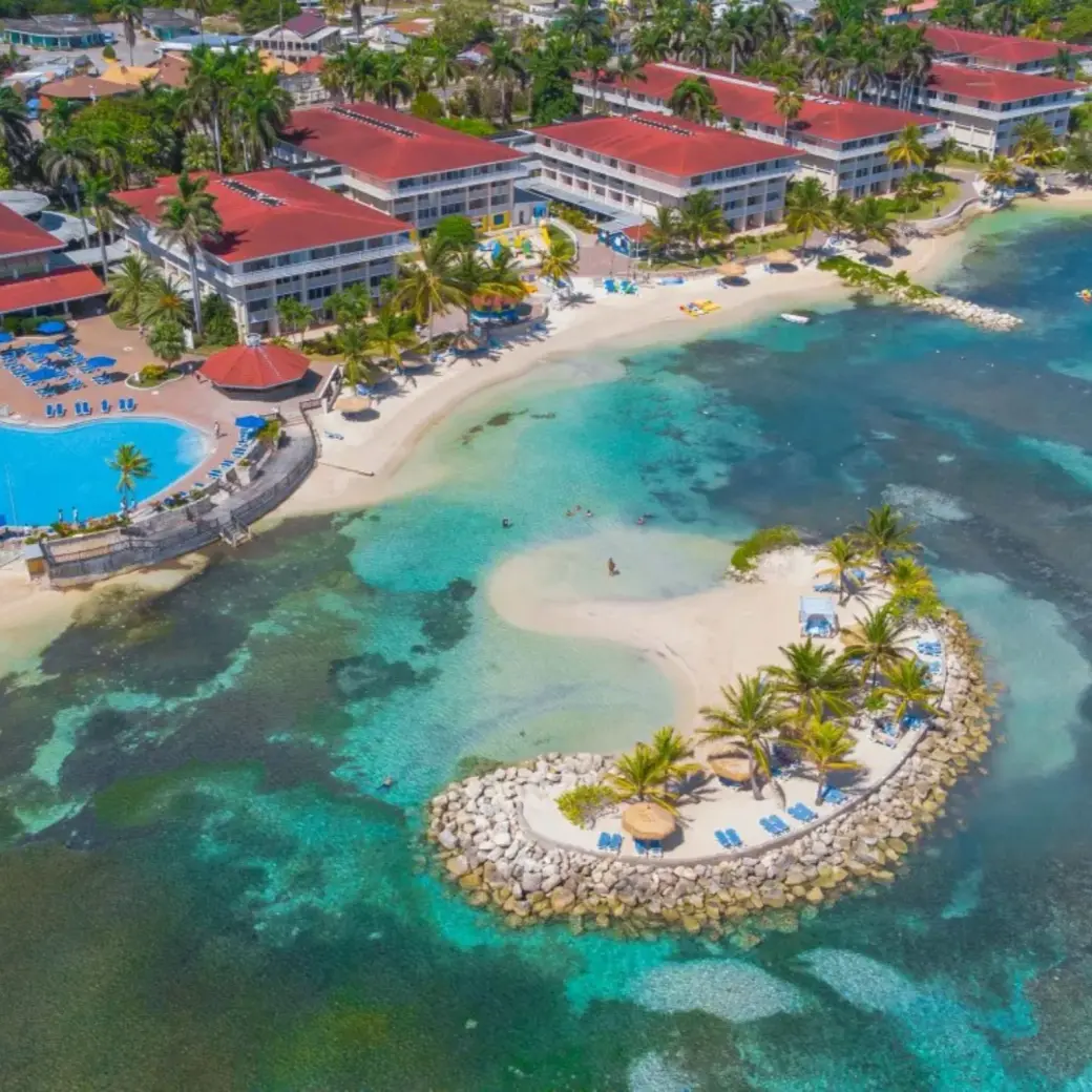 Aerial view of the private island and beachfront at Catalonia Montego Bay, Montego Bay