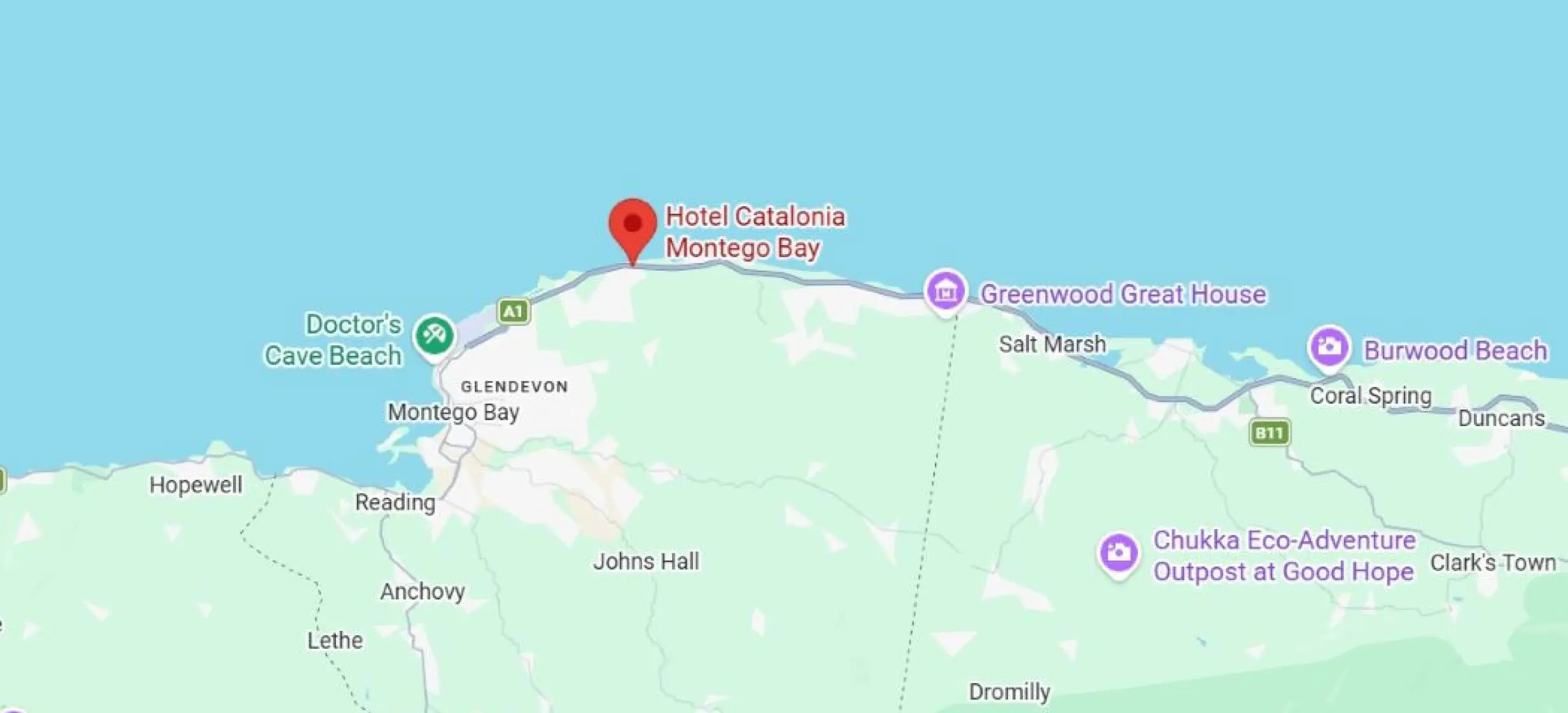 Map showing the beachfront location of Catalonia Montego Bay in Jamaica