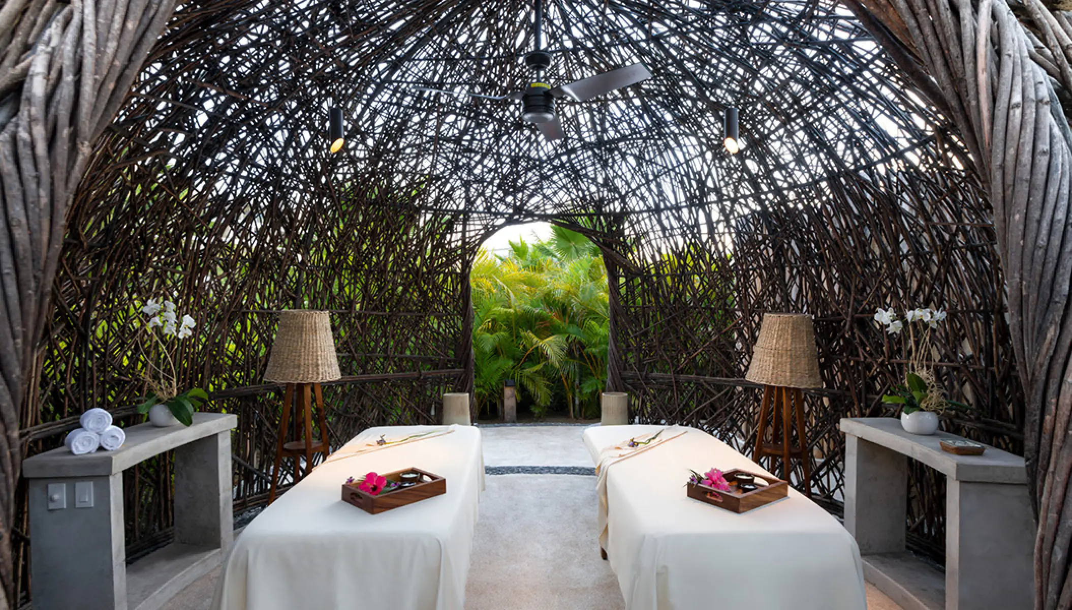 Outdoor couples spa cocoon with massage tables at Conrad Punta de Mita, Puerto Vallarta