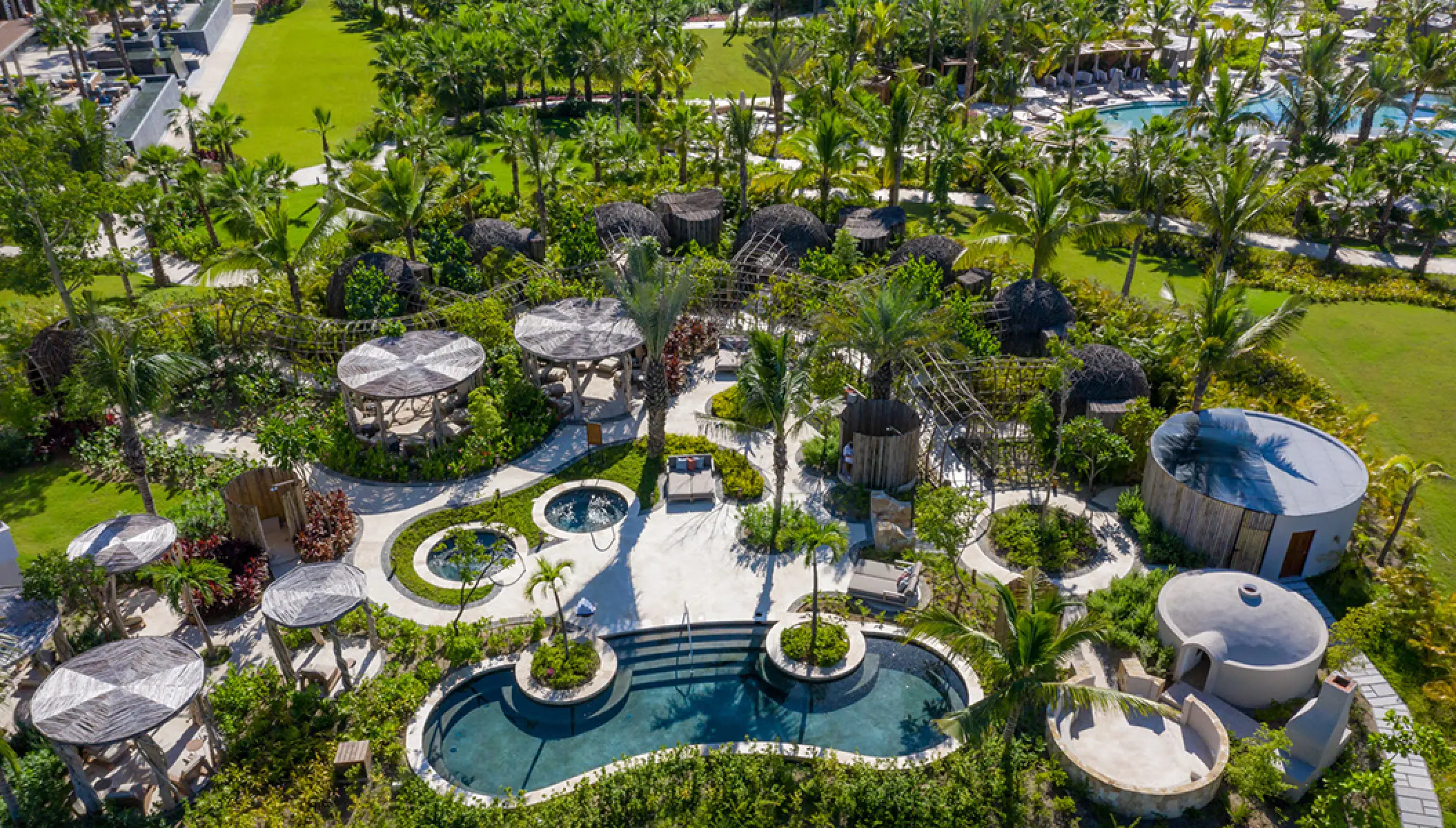 Aerial view of the outdoor spa pools and treatment huts at Conrad Punta de Mita, Puerto Vallarta