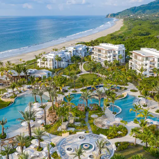 Aerial view of Conrad Punta de Mita pools and beachfront, Puerto Vallarta