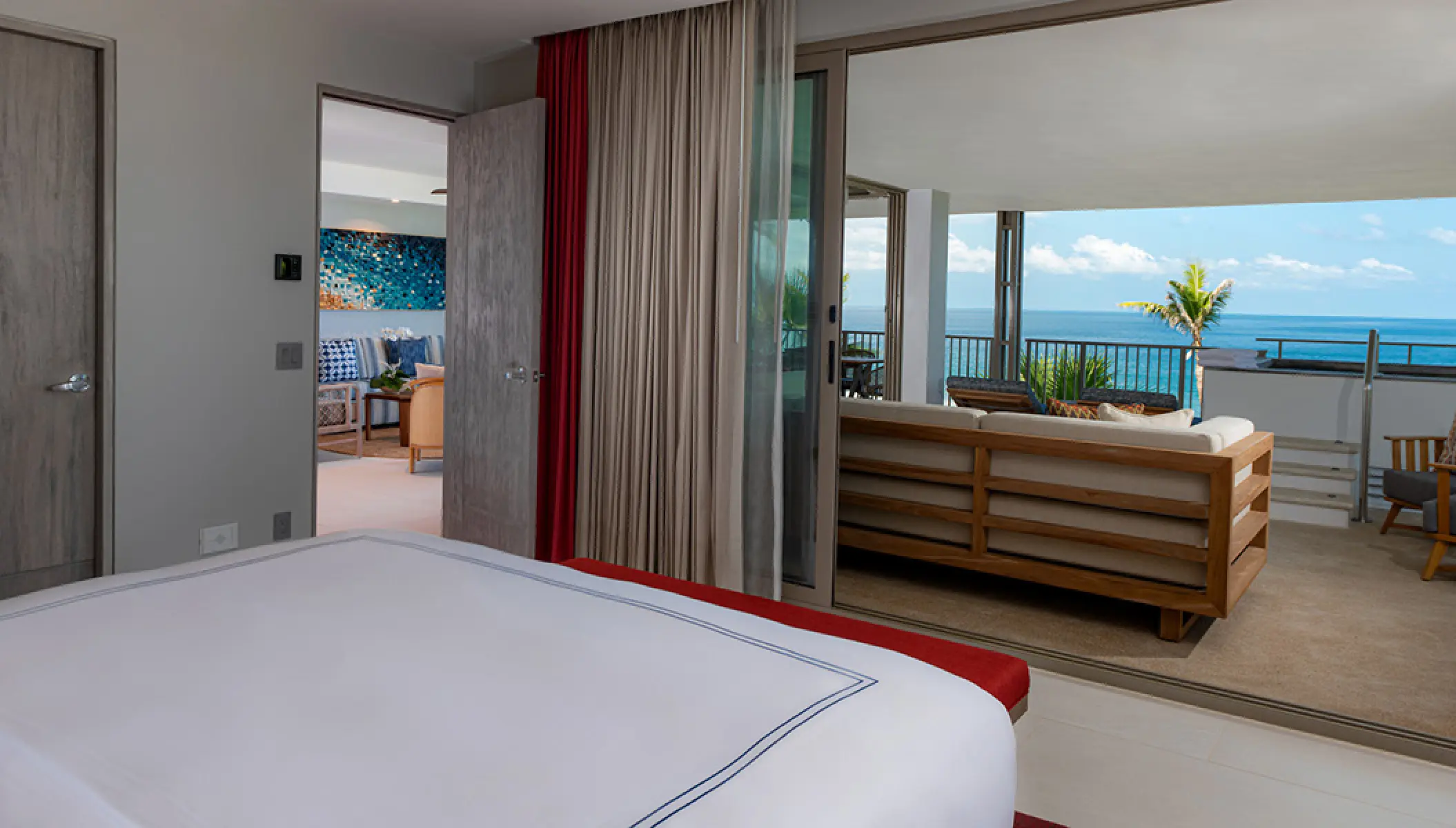 Conrad Punta de Mita oceanfront suite bedroom looking out to a private balcony, Puerto Vallarta