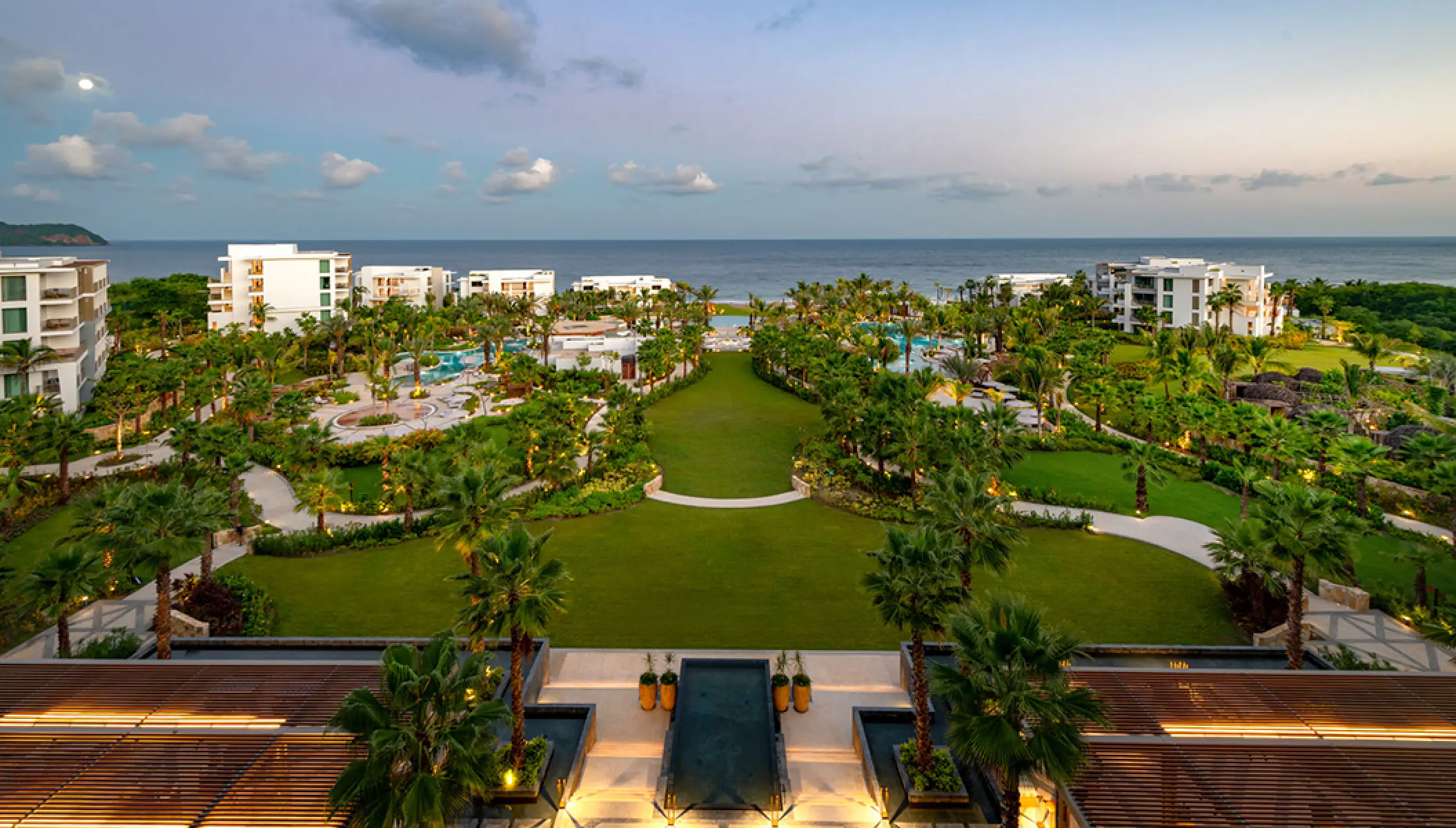 Elevated view of the Aramara garden and palm trees at Conrad Punta de Mita, Puerto Vallarta