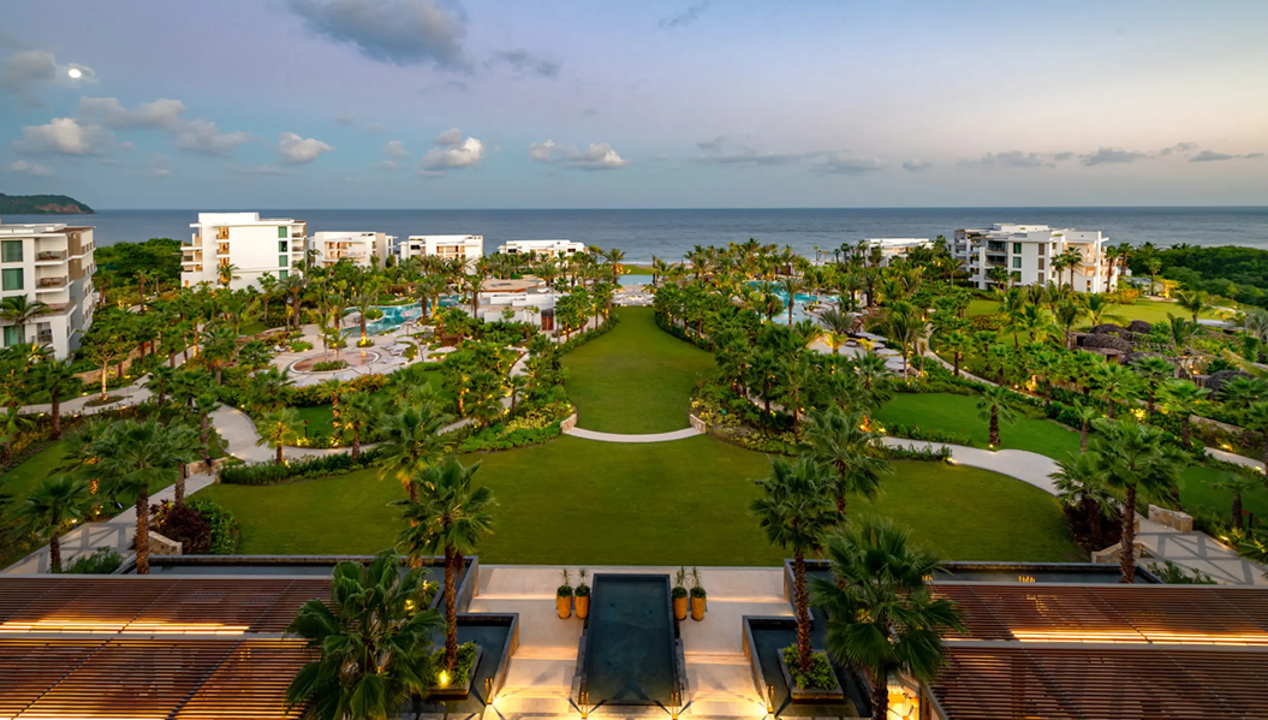 Elevated view of the Aramara garden and palm trees at Conrad Punta de Mita, Puerto Vallarta