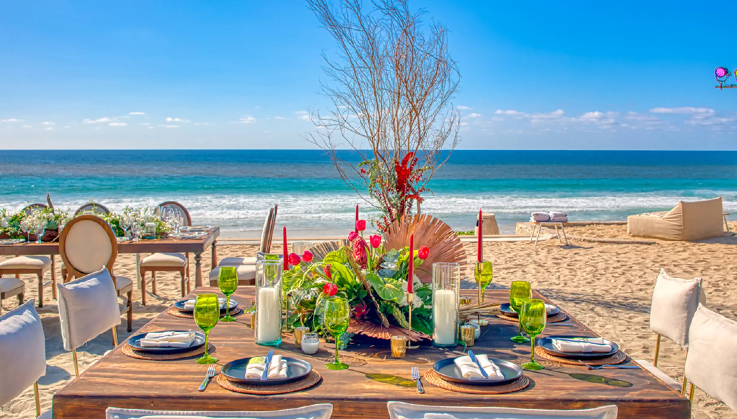Beachfront wedding reception dinner setup at Conrad Punta de Mita, Puerto Vallarta