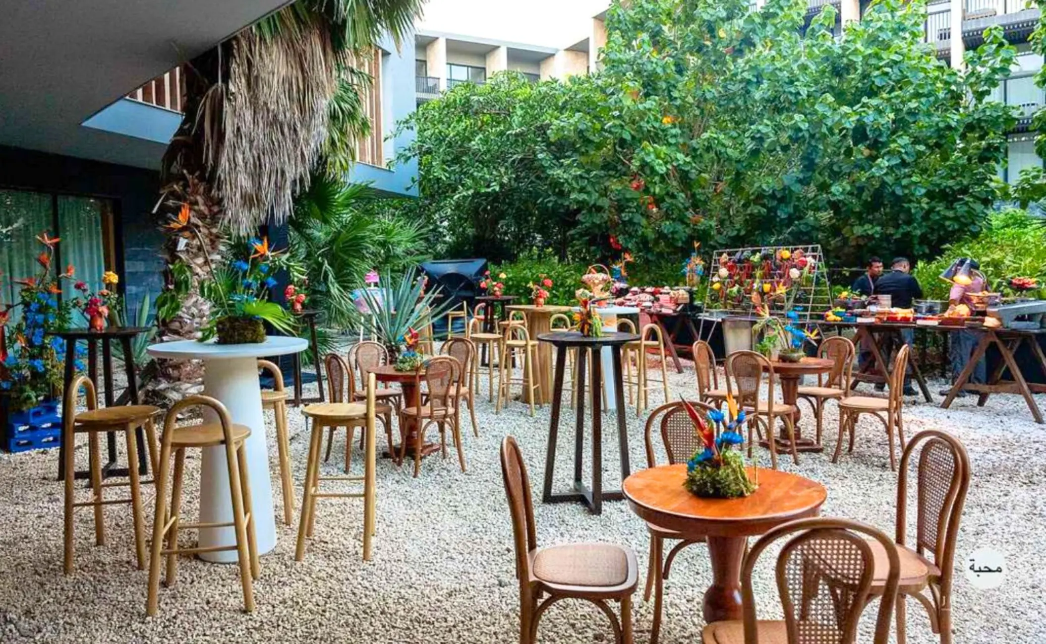 Cocktail reception setup with wooden furniture in a garden courtyard at Live Aqua Playa del Carmen