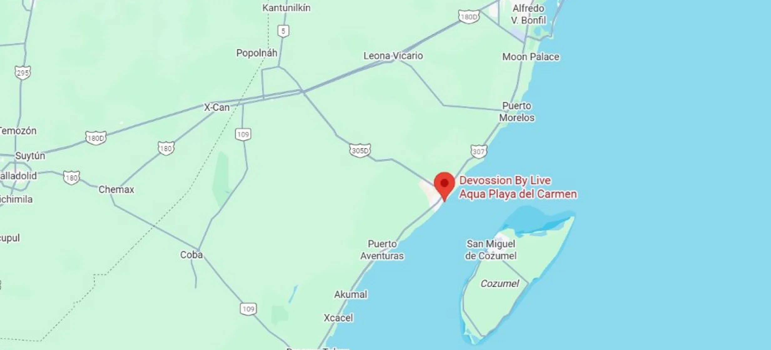 map showing location of Devossion By Live Aqua Playa del Carmen in Mexico