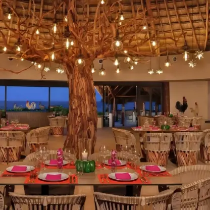 El Patio wedding reception with a lighted tree center feature at Dreams Aventuras, Riviera Maya