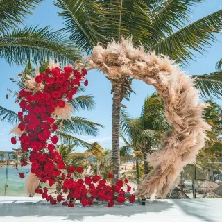 Circular wedding ceremony arch with red roses and pampas grass at Dreams Aventuras, Riviera Maya