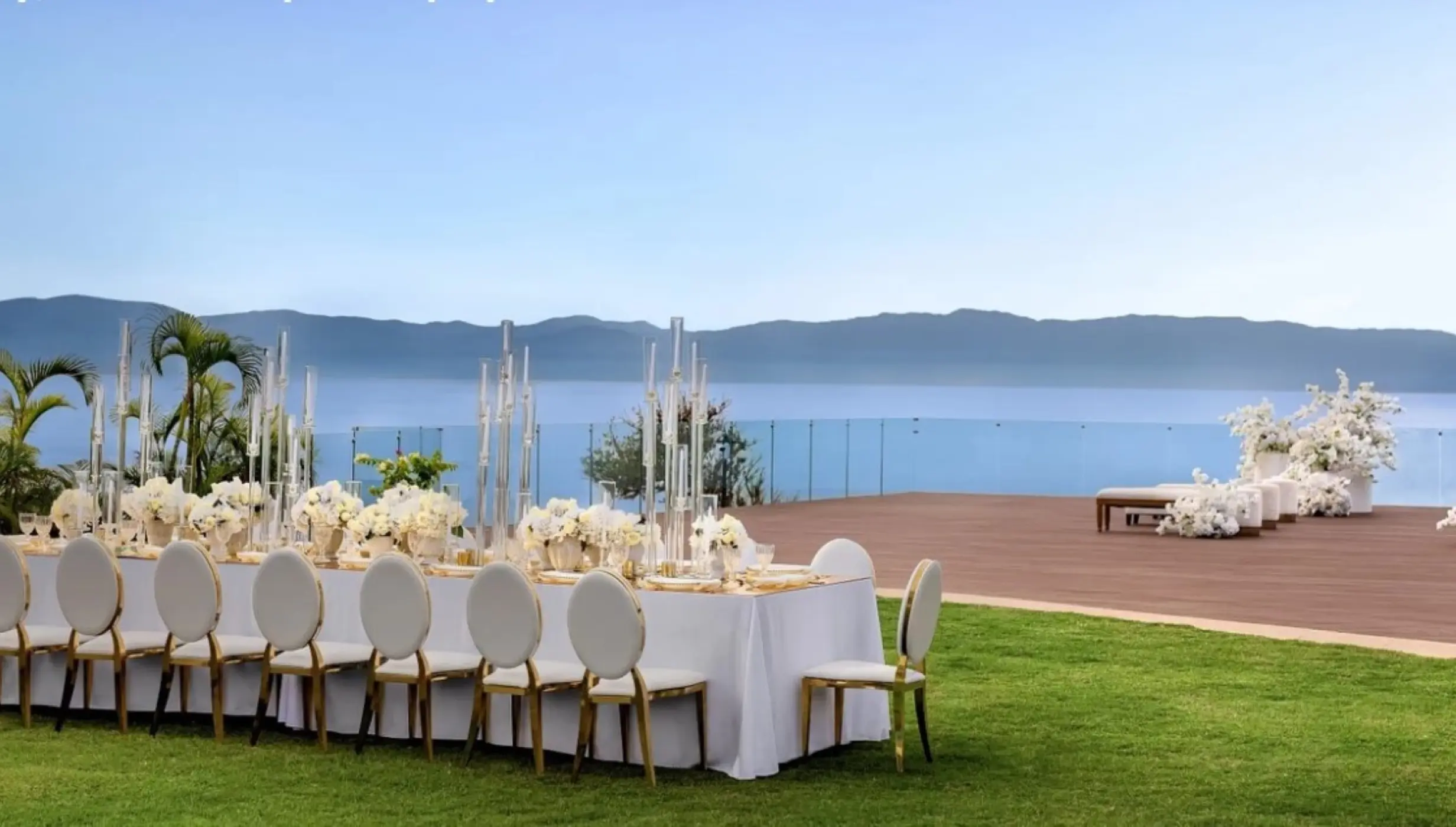 ceremony and reception setup at the beach garden deck venue at dreams and secrets bahia mita