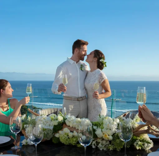 bride and groom raising a toast at dreams bahia mita